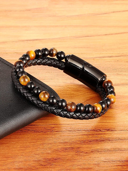 Kairangi Bracelet For Men Black and Orange Beaded Stretchable Bracelet For Men and Boys