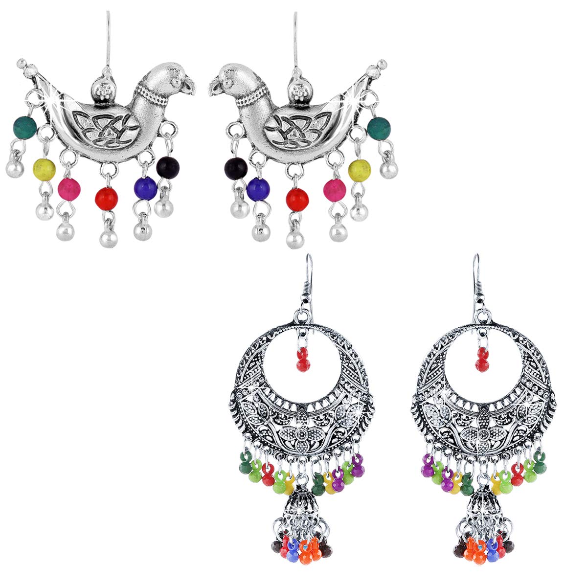 Yellow Chimes Stylish COMBO Silver Oxidized Kabooter Traditional Jhumka Chandbali Earrings for Women and Girls