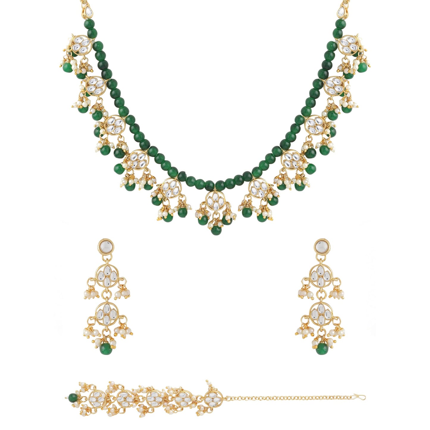 Yellow Chimes Jewellery Set for Women and Girls Kundan Necklace Set | Gold Plated Green Maroon Beads Drop Kundan Necklace Set | Birthday Gift for girls and women Anniversary Gift for Wife