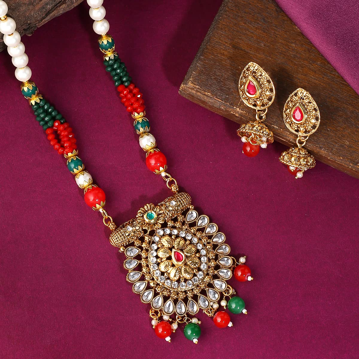 Yellow Chimes Jewellery Set For Women Long Kundan Beaded Charm Attached Necklace Set With Earrings For Women and Girls