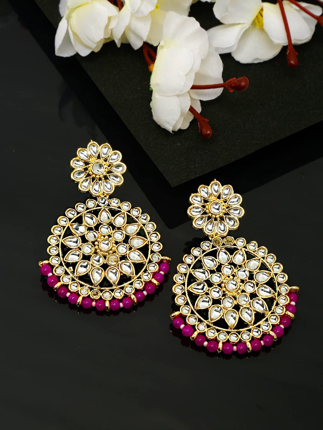 Yellow Chimes Chandbali Earrings for Women Gold Plated Kundan Studded Pink Pearl Drop Earrings For Women And Girls