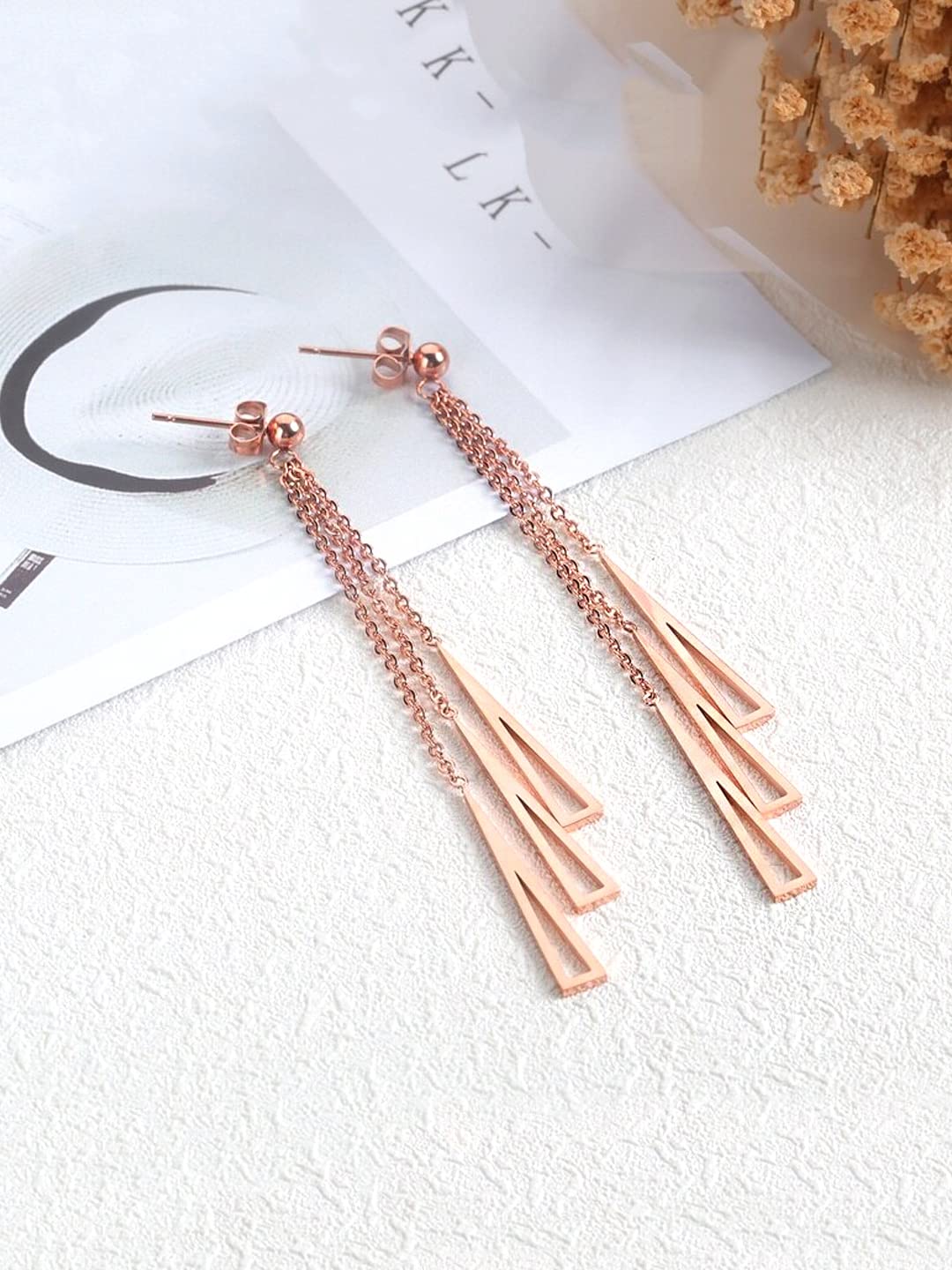 Kairangi Long Earrings for Women Western Rose Gold Plated Stainless Steel Geometric Long Chain Danglers Earrings For Women and Girls