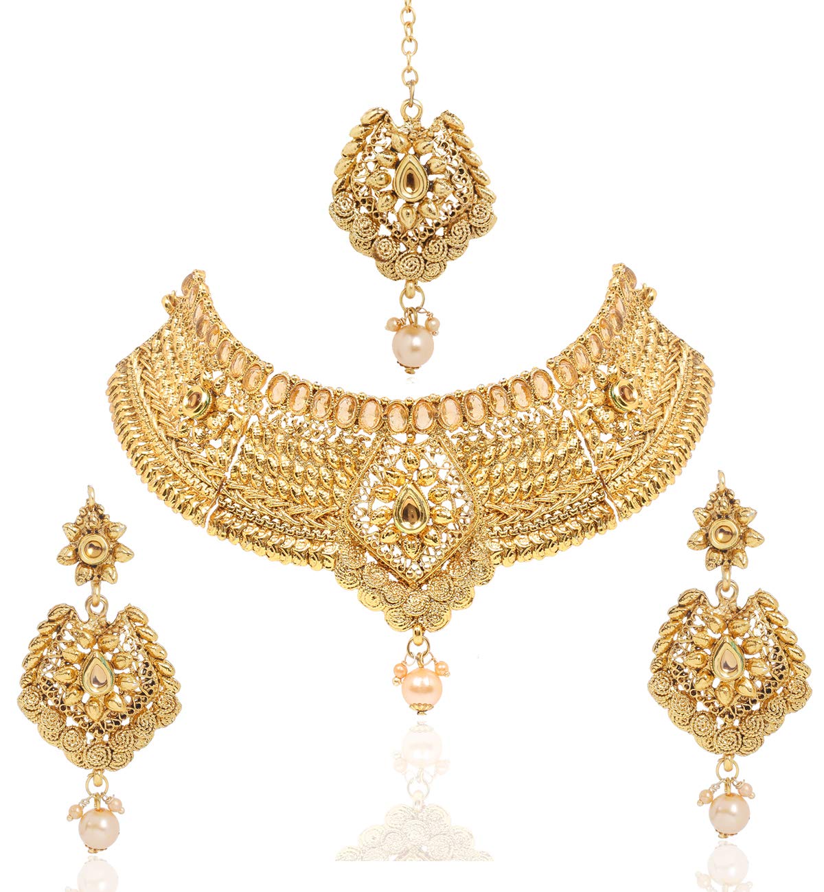 Yellow Chimes Gold Plated Traditional Flower Designer Studded Pearl Choker Necklace, Earring & Maang Tikka Set Necklace Set Necklace Jewellery Set for Women & Girls