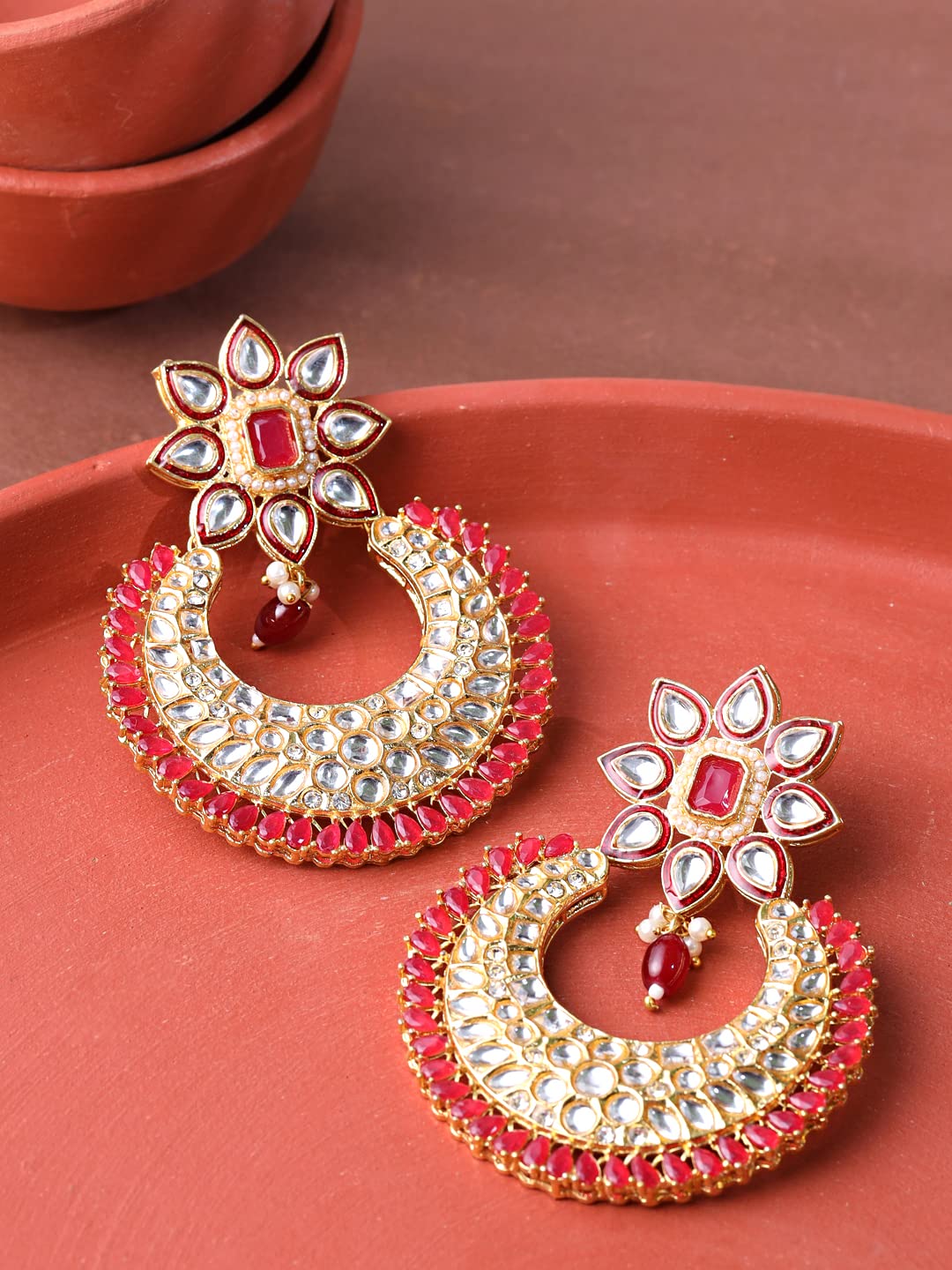 Yellow Chimes Earrings For Women Gold Tone White and Red Kundan Studded Chandbali Earrings For Women and Girls