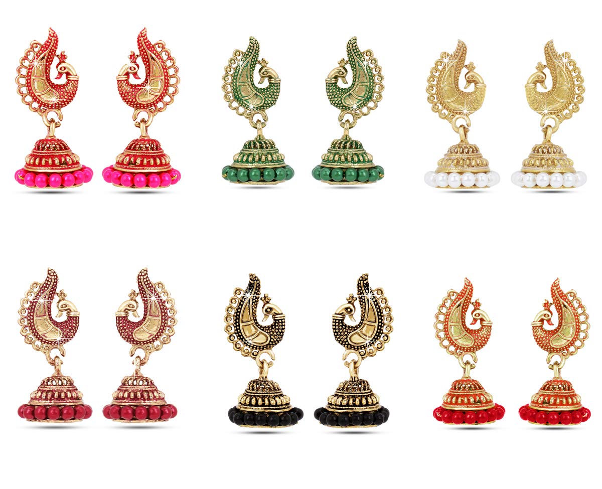 Yellow Chimes Combo of 6 Pair's Gold Toned Multicolor Traditional Peacock Jhumki/Jhumka Earring Sets For Women and Girls