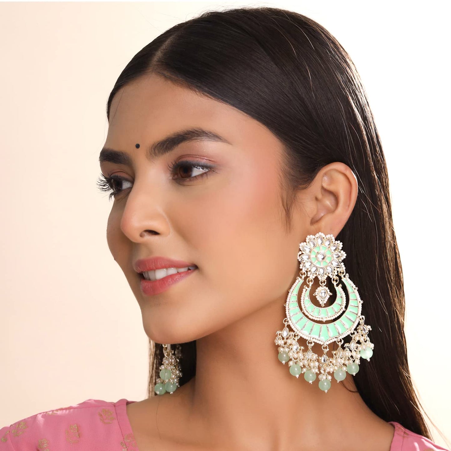 Yellow Chimes Earrings for Women and Girls Meenakari Chandbali | Gold Plated Green Meenakari Chandbali Earrings | Birthday Gift for girls and women Anniversary Gift for Wife