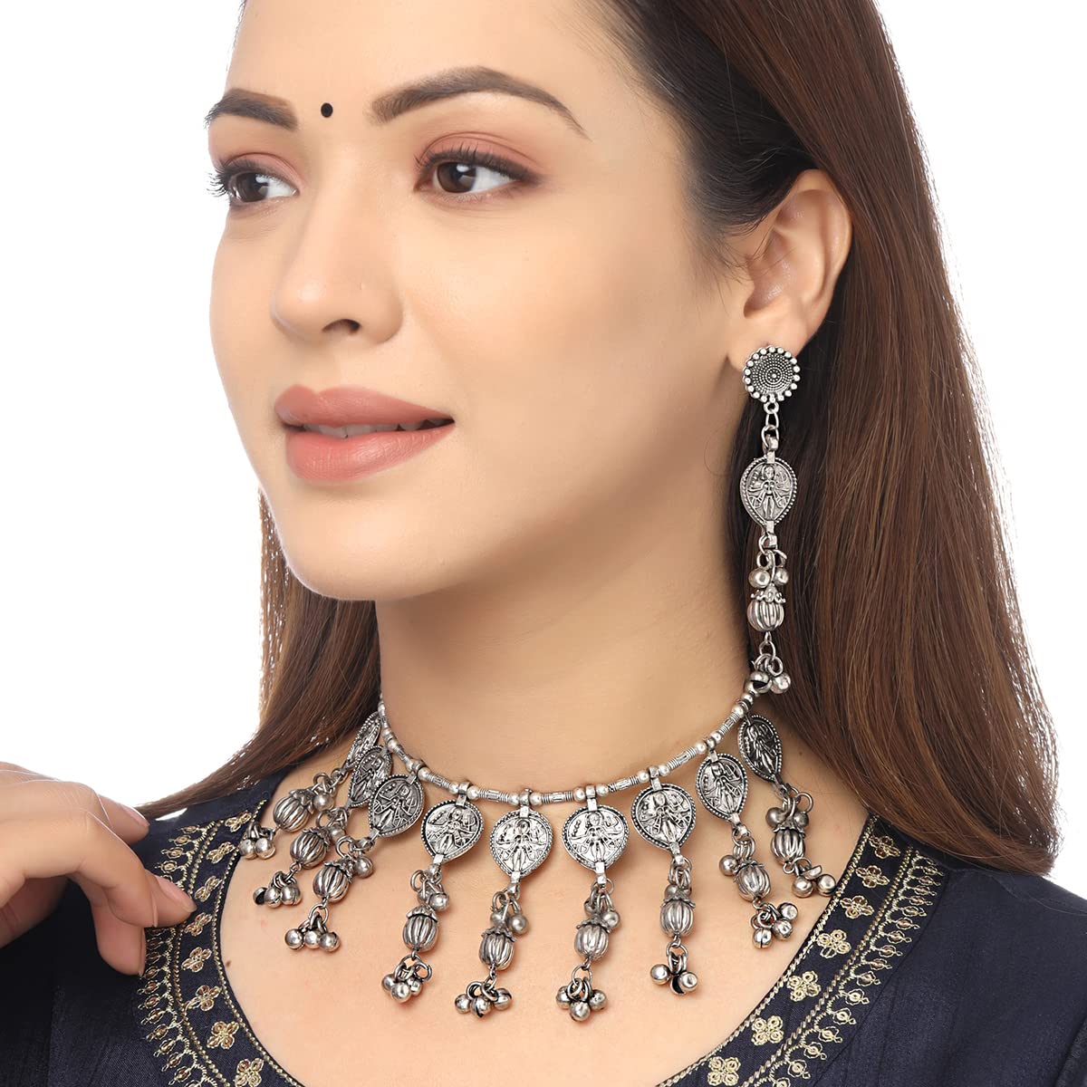 Yellow Chimes Jewellery Set For Women Silver Oxidised Floral and Leaf Shaped Fattering Adjustable Choker Necklace Set For Women and Girls