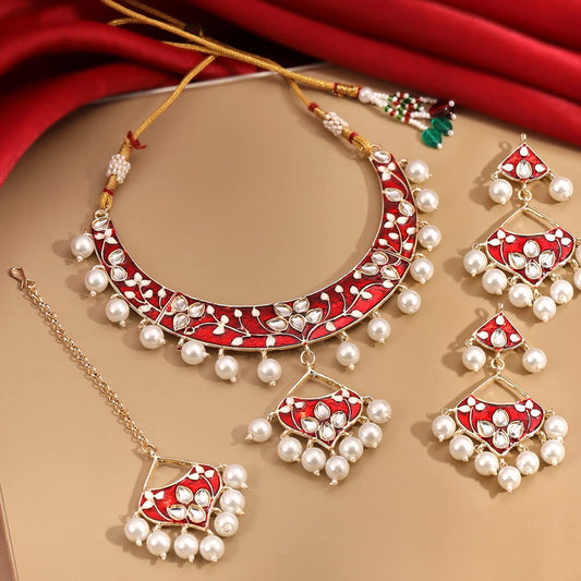 Yellow Chimes Jewellery Set for Women and Girls Kundan Necklace Set for Girls | Gold Plated Kundan Red Meenakari Choker Necklace Set | Birthday Gift for girls and women Anniversary Gift for Wife