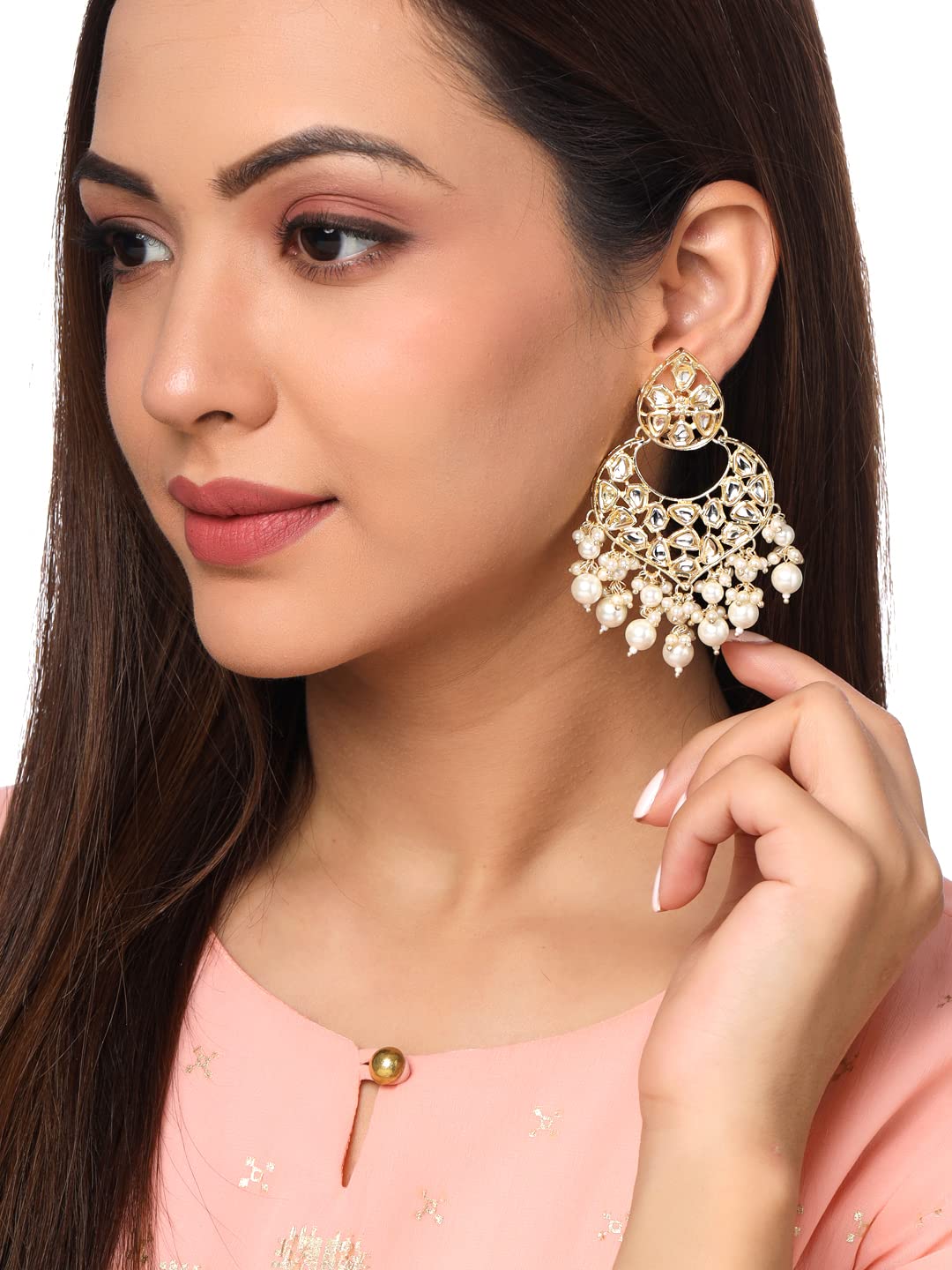 Yellow Chimes Earrings for Women Gold Toned Kundan Studded Pearl Drop Chandbali Earrings for Women and Girls