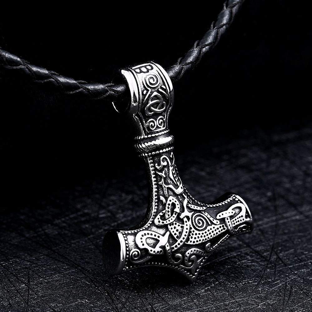 Yellow Chimes Pendant for Men Silver Men Pendant Thor's Hammer Mjolnir Braided Black Leather Rope Silver Pendant Necklace for Men and Boys.