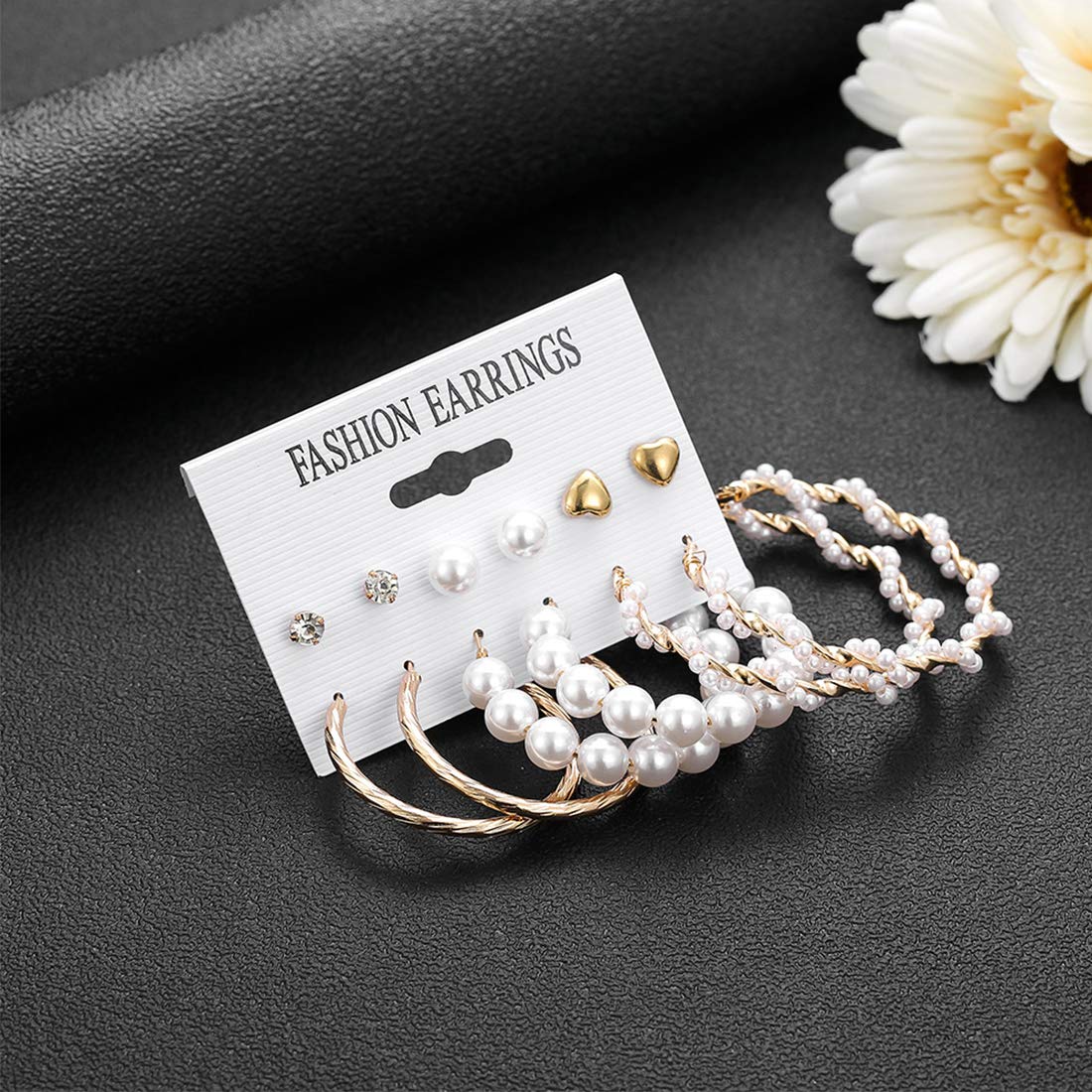 Kairangi Earrings for Women and Girls Fashion White Pearl Hoops Set | Gold Plated Combo of 6 Pairs Stud Hoop Earring Set | Birthday Gift for girls and women Anniversary Gift for Wife