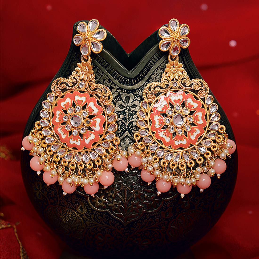 Yellow Chimes Ethnic Gold Plated Kundan Studded Pearl Dangler Earrings for Women and Girls, medium (YCTJER-626MFLW-PCH), gold, peach