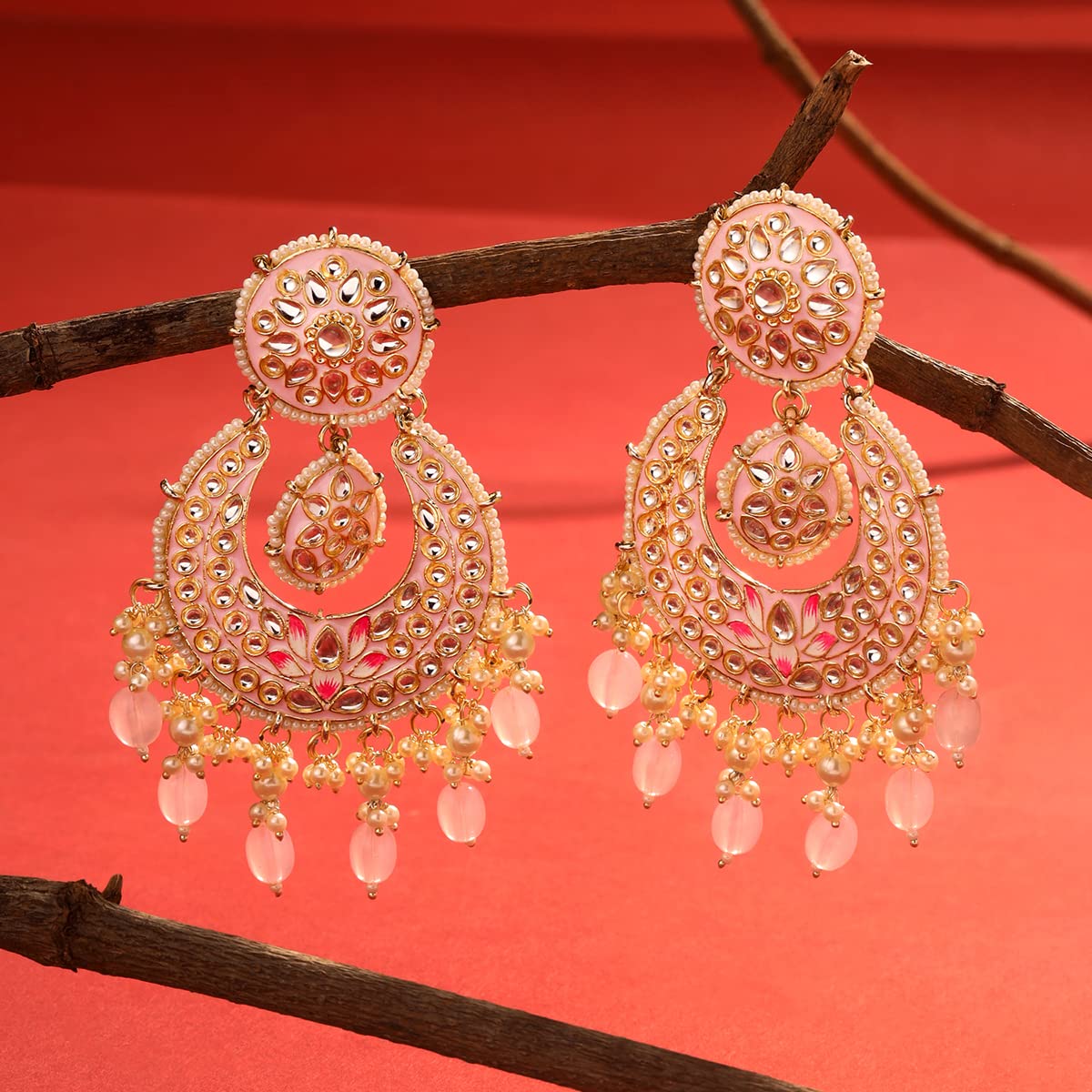 Yellow Chimes Earrings for Women and Girls Traditional Meenakari Chandbali | Gold Toned Pink Meenakari Chandbali Earrings | Birthday Gift for girls and women Anniversary Gift for Wife