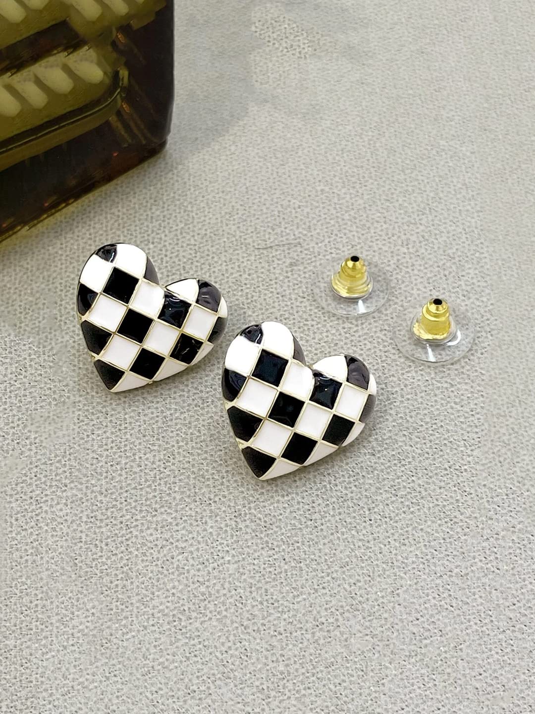 Yellow Chimes Earrings For Women Black and White Heart Shaped Stud Earrings For Women and Girls