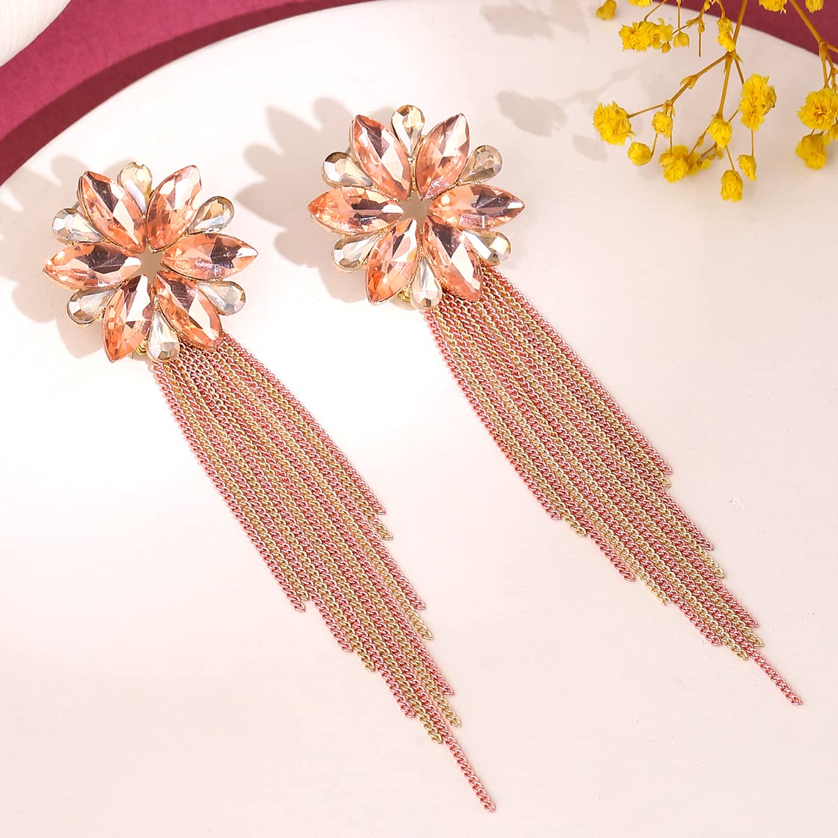 Yellow Chimes Crystal Danglers Earrings for Women Floral Shaped Crystal Pink Long Chain Dangler Earrings for Women and Girls