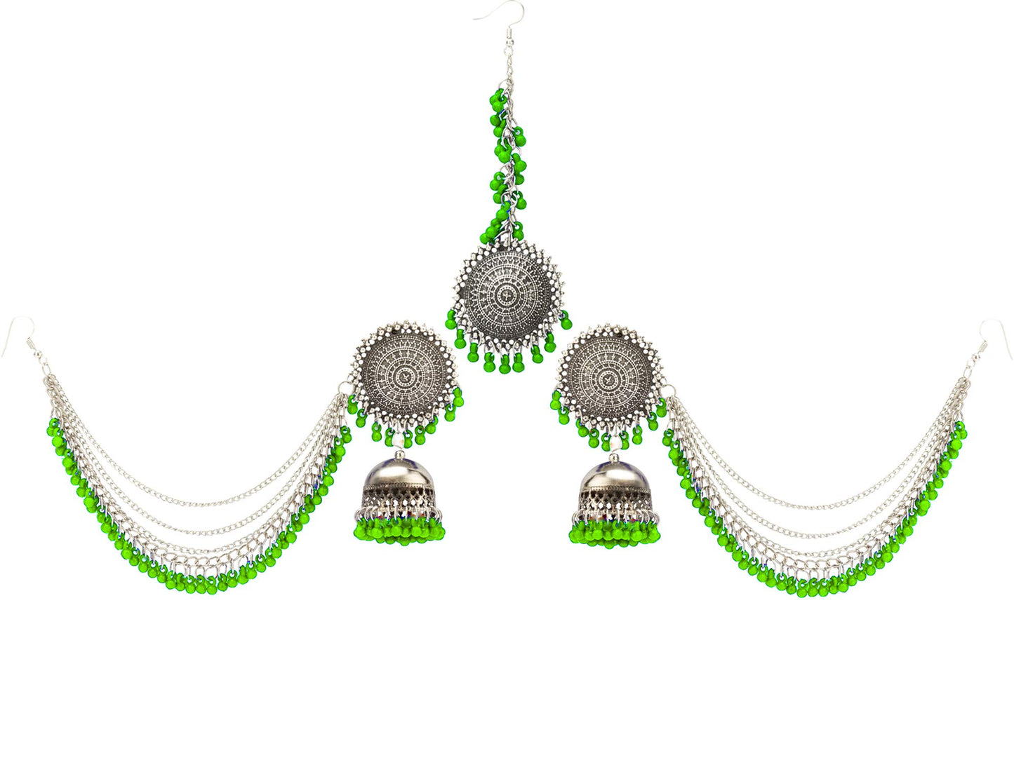 Yellow Chimes German Oxidised Silver Antique Traditional Maang Tikka with Earrings Jewellery Set for Women and Girls (Green)