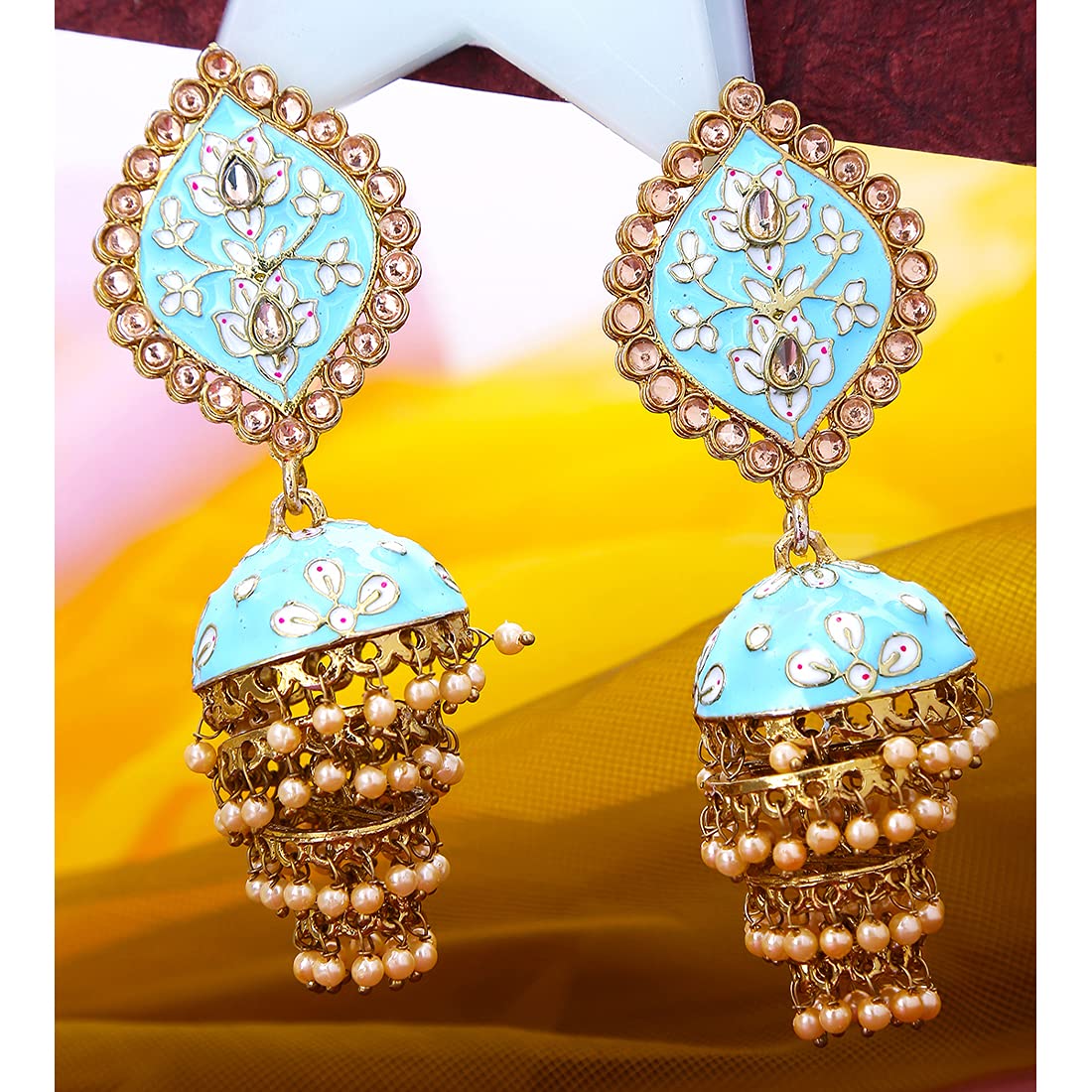 Yellow Chimes Ethnic Gold Plated Traditional Blue Meenakari Flower Design Golden Beads Jhumka Earrings for Women and Girls, Medium (YCTJER-104MNKJHK-BL)