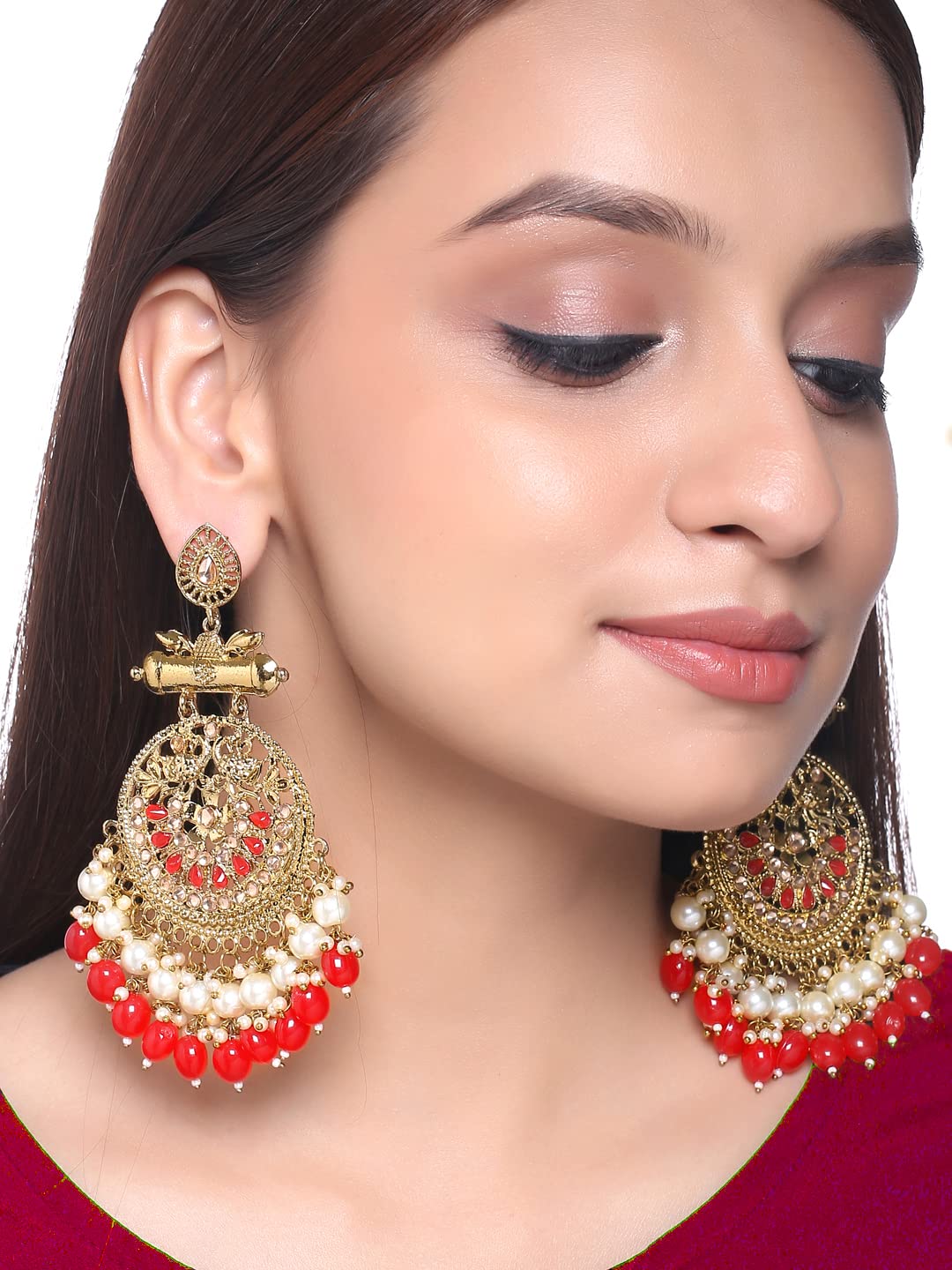 Yellow Chimes Earrings for Women and Girls Kundan Earrings | Red Danglers Earrings for Women Gold Plated Peacock Shaped Long Earrings | Birthday Gift for girls and women Anniversary Gift for Wife