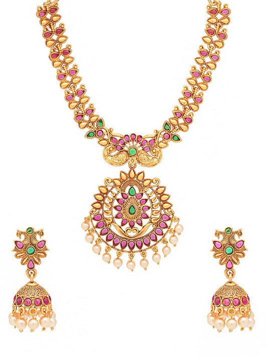 Yellow Chimes Women's Temple Traditional Gold Plated Studded Stone Antique Jewellery Necklace Set