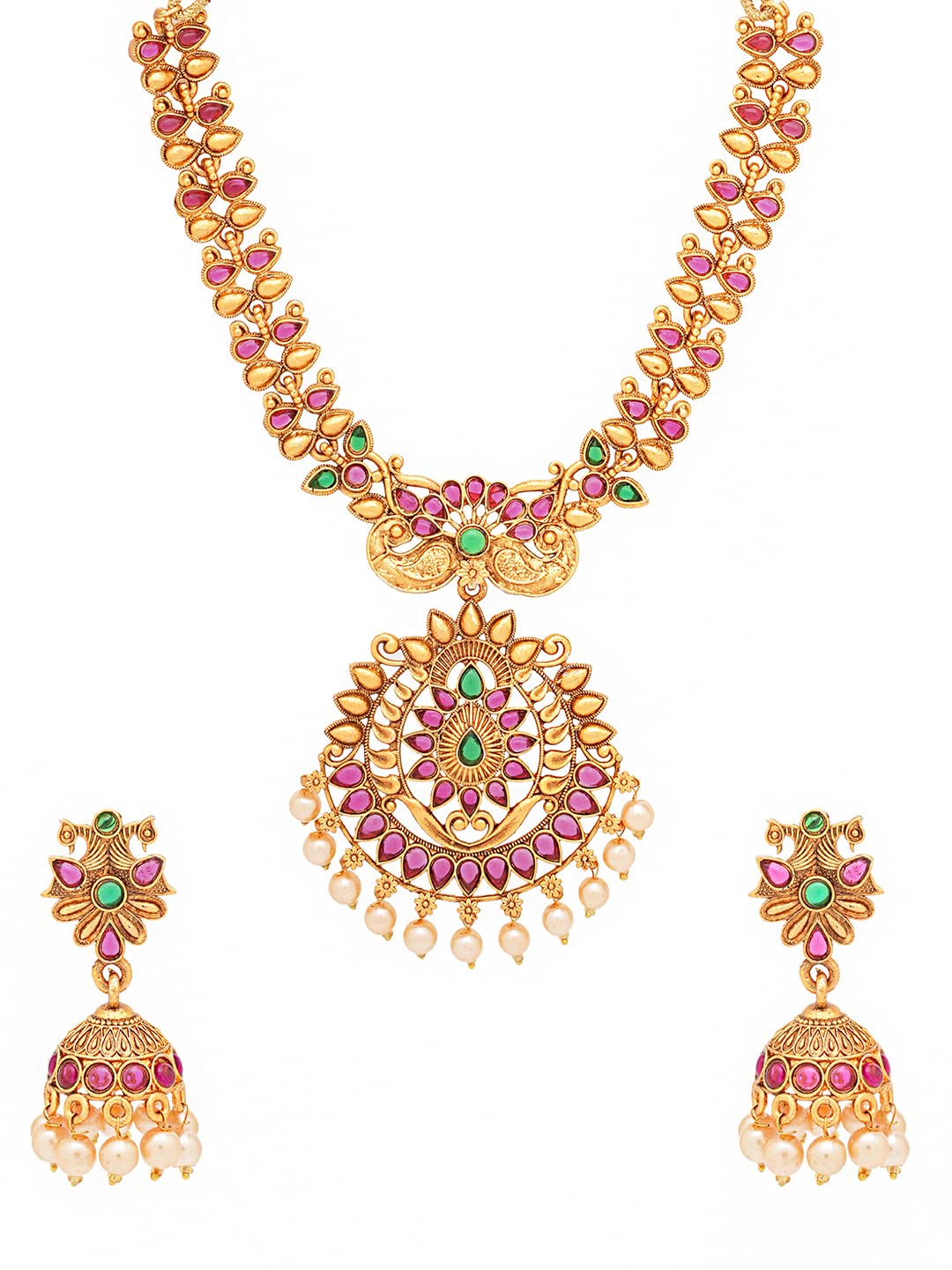 Yellow Chimes Jewellery Set for Women Gold Toned Kundan Studded Pearl Drop with Beads Green Meeanakari Touch Choker Necklace Set with Earrings for Women and Girls