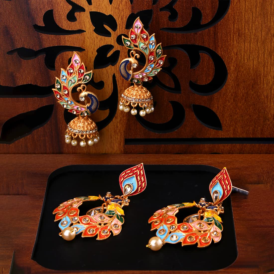 Kairangi Earrings for Women and Girls | Muticolor Meenakari Drop | Gold Plated Earring Set | Peacock Shaped Jhumki Combo Earrings | Birthday Gift for Girls and Women Anniversary Gift for Wife