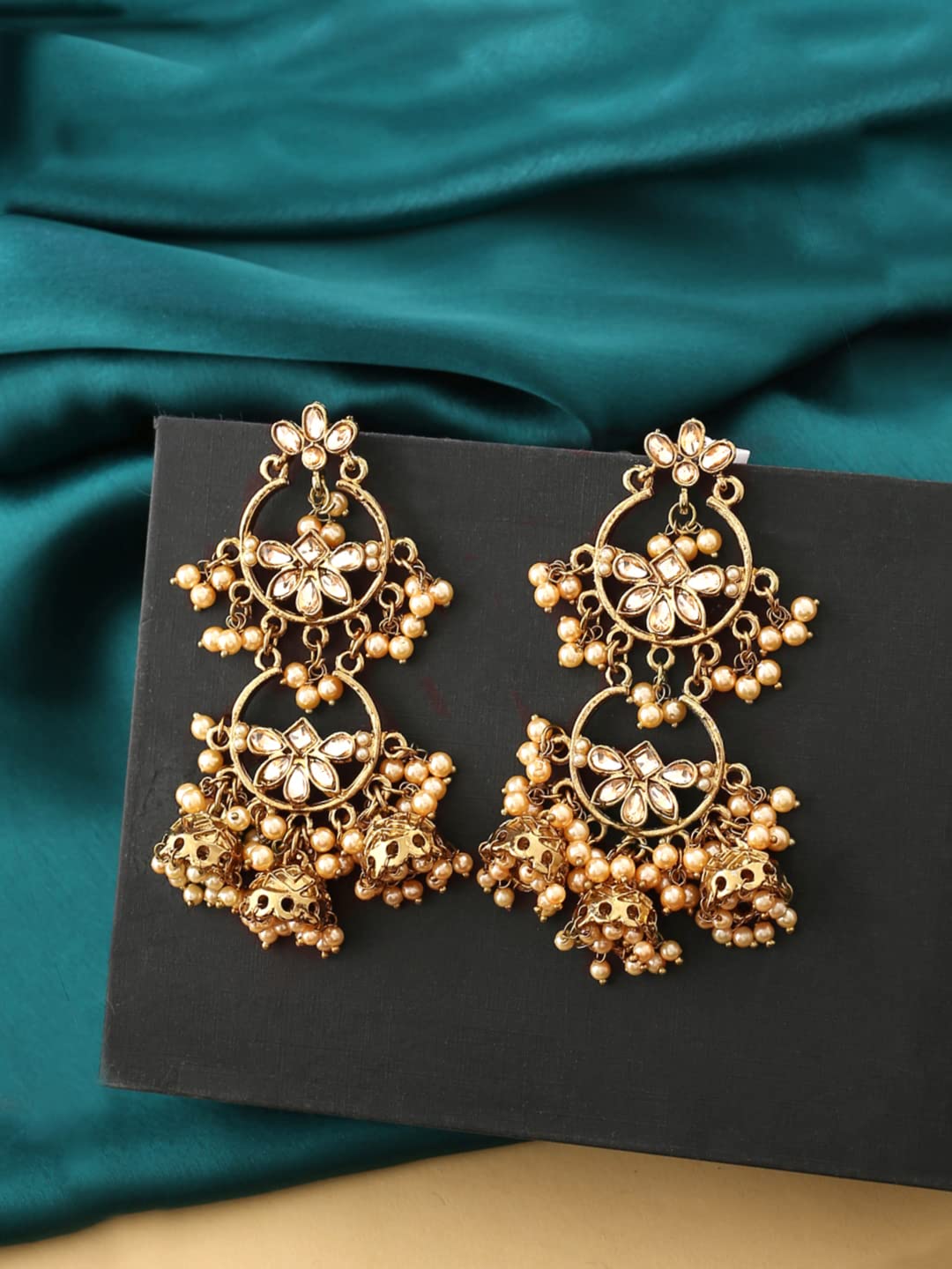 Yellow Chimes Chandbali Earrings for Women Gold Plated Traditional Earrings Kundan Studded Ethnic Long Chand bali Earrings for Women and Girls