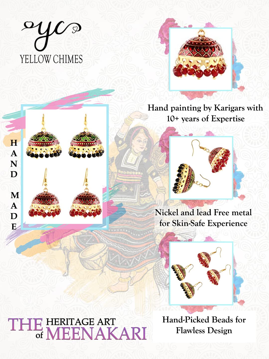 Yellow Chimes Earrings for Women and Girls Traditional Multicolor Meenakari Jhumka | Gold Plated Jhumkas Combo Earrings Set | Birthday Gift for girls and women Anniversary Gift for Wife