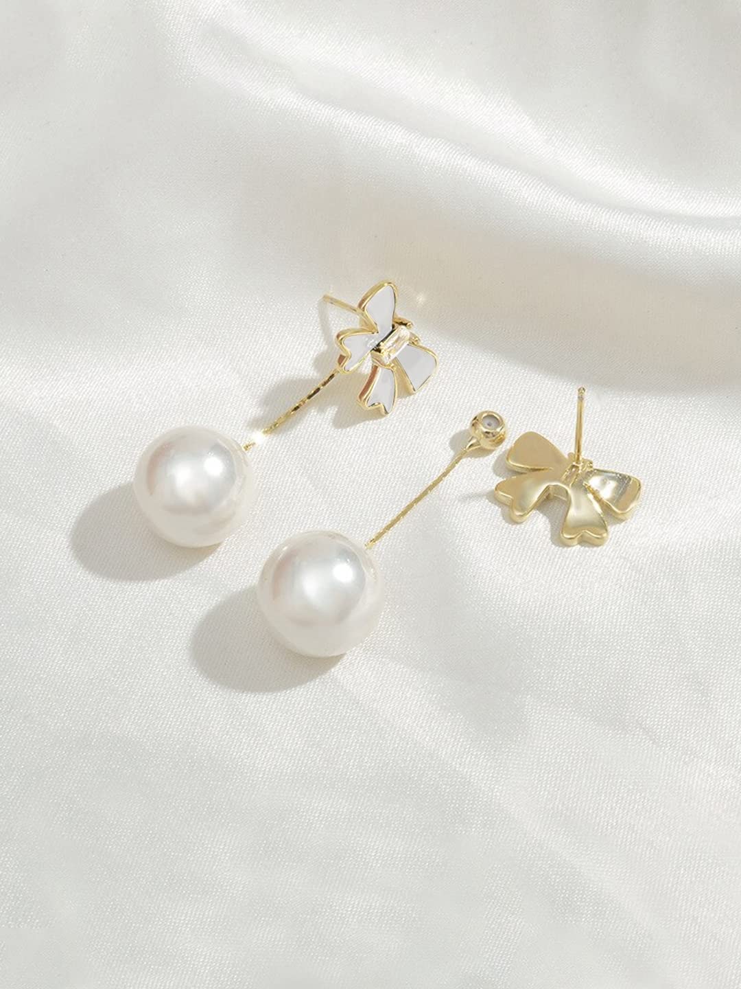 Yellow Chimes Earrings For Women Statement Bow Shaped Stud Pearl Hanging Back Drop Earrings For Women and Girls