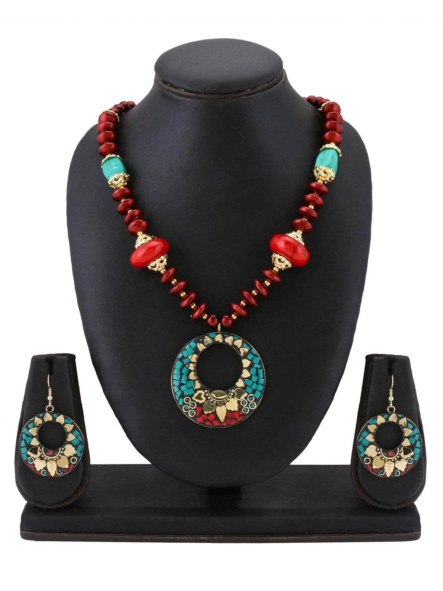 Yellow Chimes Tibetan Laac Work Necklace with Earrings Tribal Beads Necklace Jewellery Set for Women and Girls