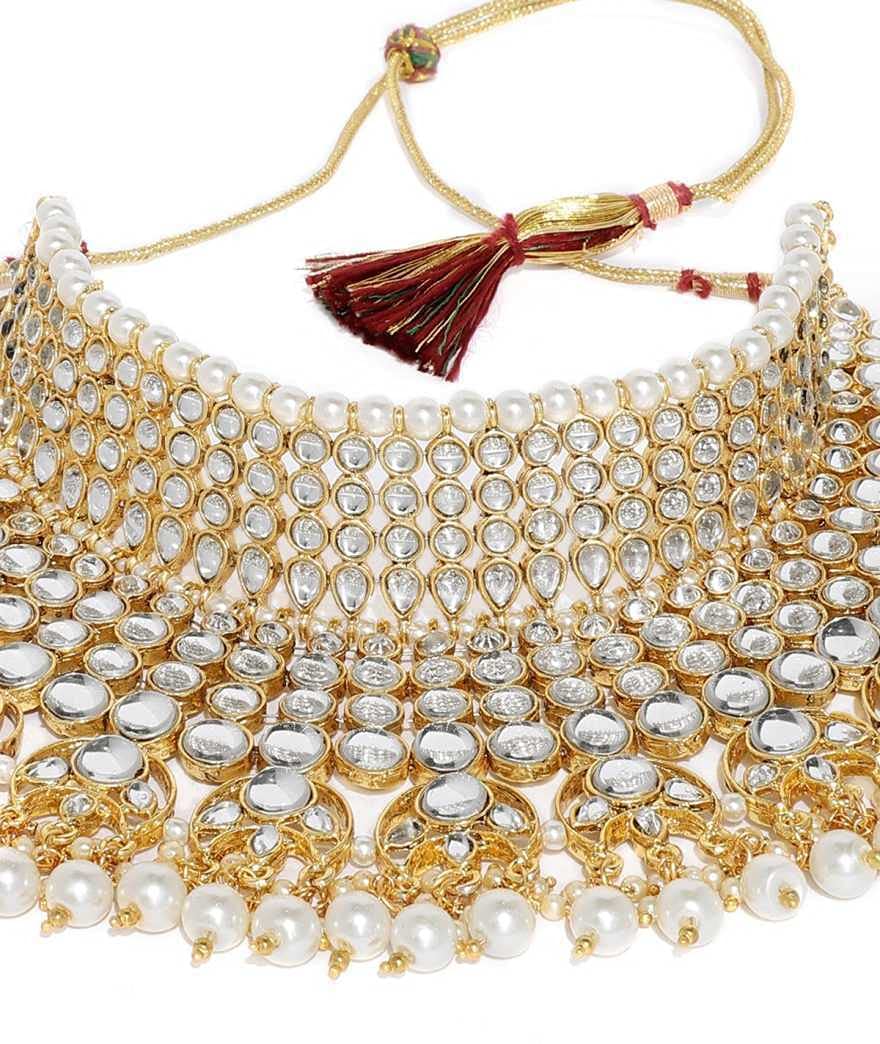 Yellow Chimes Kundan Bridal Jewellery Set Gold Plated White Choker Necklace Set for Women & Girls