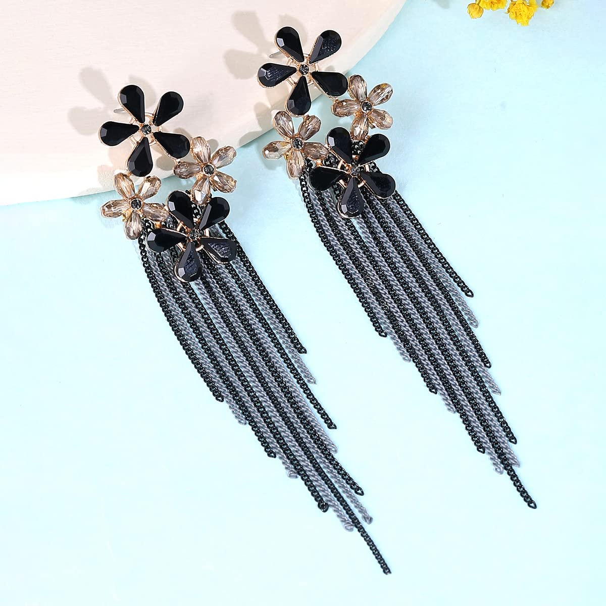 Yellow Chimes Crystal Danglers Earrings for Women Floral Shaped Crystal Black Long Chain Dangler Earrings for Women and Girls