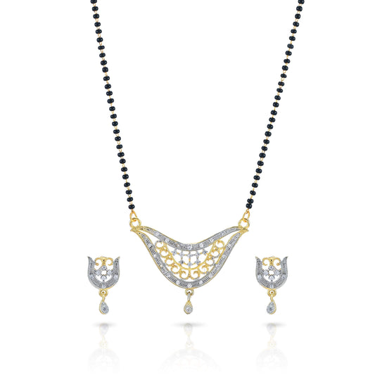 Yellow Chimes Sparkling AD/American Diamond Studded Ethnic Traditional Black Beads Designer Mangalsutra Pendant Set with Earrings for Women