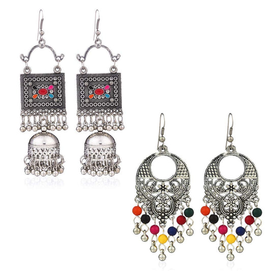 Kairangi Oxidised Earrings for Women Oxidized Silver Combo of 2 Pairs Chandbali Traditional Jhumka Earrings for Women and Girls