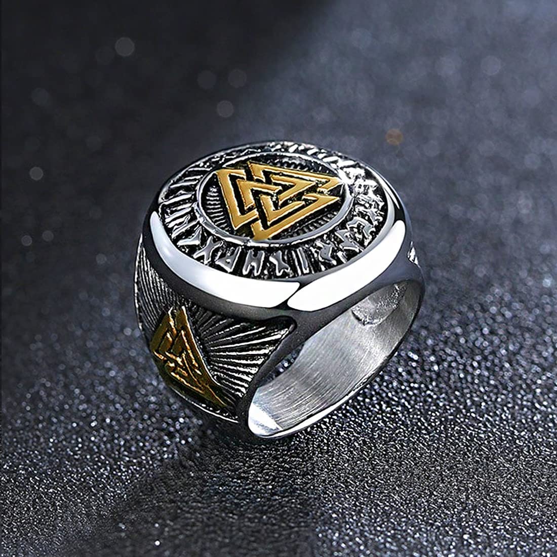 Yellow Chimes Rings for Men Stainless Steel Valknut Ring with Rune Circle Odin Symbol Band Finger Ring for Men and Boys.