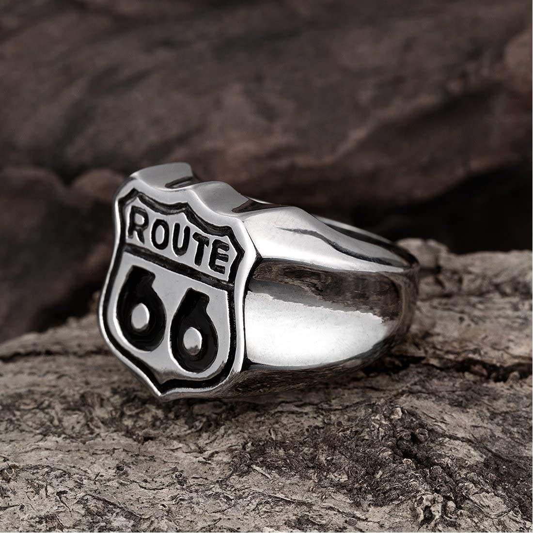 Yellow Chimes Rings for Men Famous 'Route 66' Symbol Silver-Oxidized Stainless Steel Bikers Ring for Men and Boys