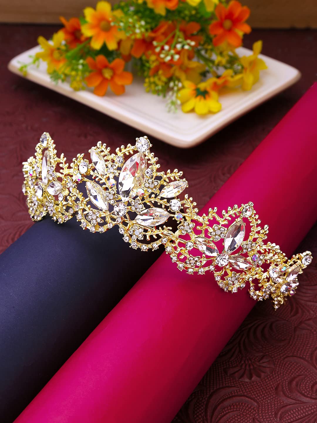 Yellow Chimes Tiara for Women and Girls Silver Plated Crown for Women Leafy Floral Pink Crystal Studded Bridal Wedding Crown Tiaras for Women and Girls Gift For Women & Girls Valentine Gift for Girls