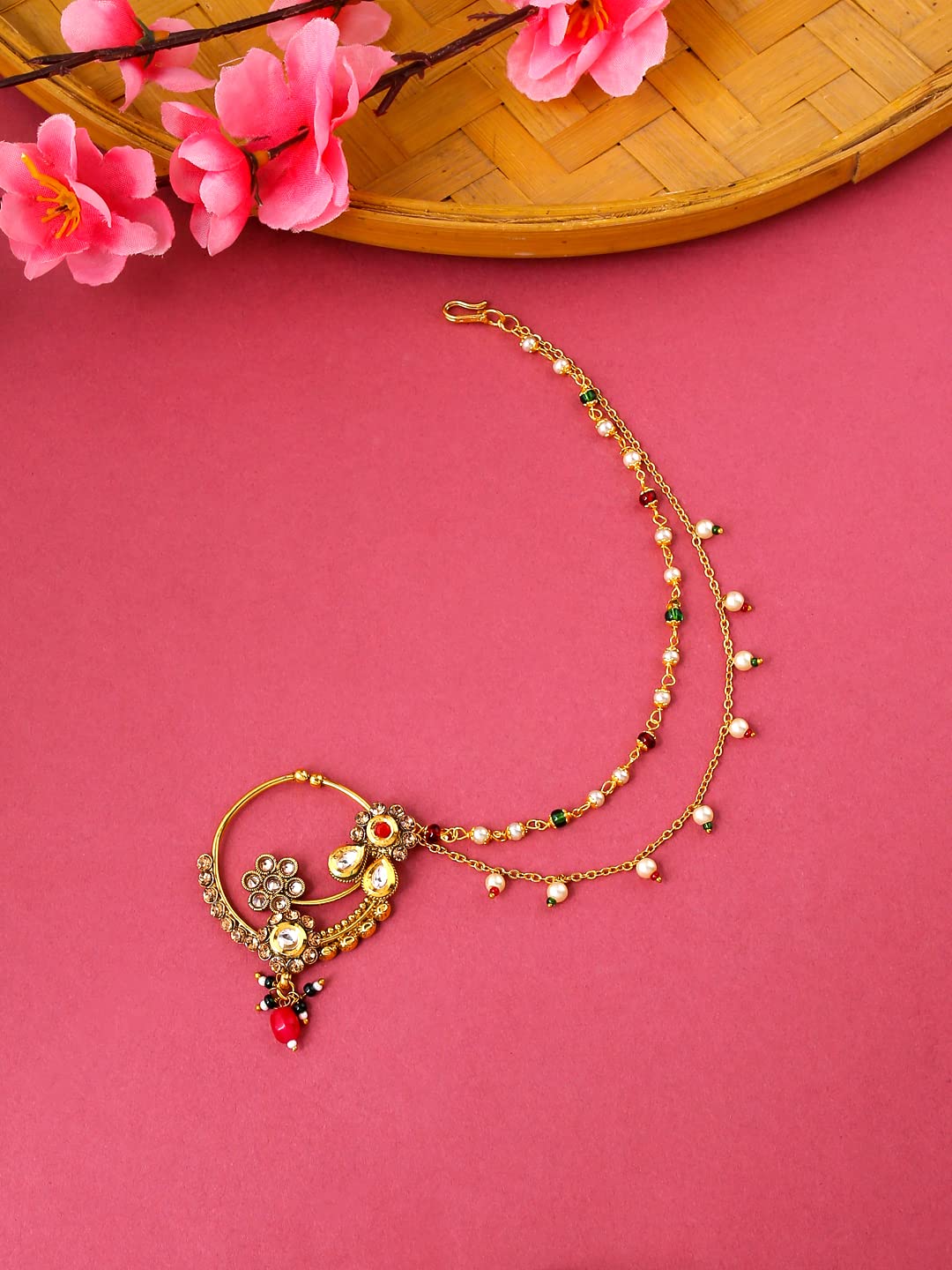 Yellow Chimes Nose Pin for Women Gold Toned Non Piercing Crystal Studded Beads Chain and Floral Designed Nose Pin with Chain for Women and Girls