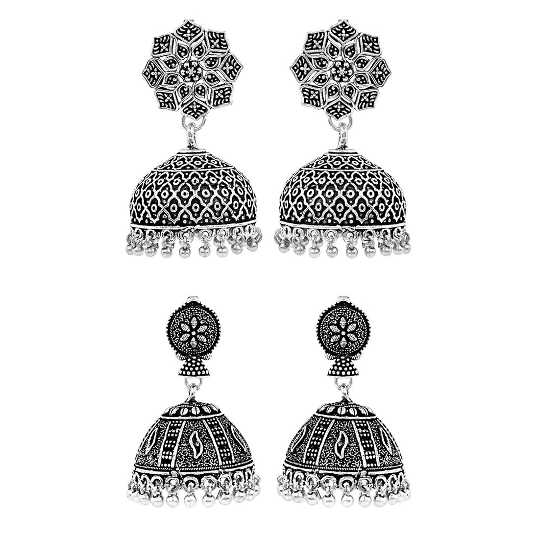 Yellow Chimes Earrings for Women and Girls | Traditional Silver Oxidised Jhumka | German Silver Earring Set | Floral Jhumkas Combo | Accessories Jewellery for Women | Birthday Gift For Girls and Women Anniversary Gift for Wife