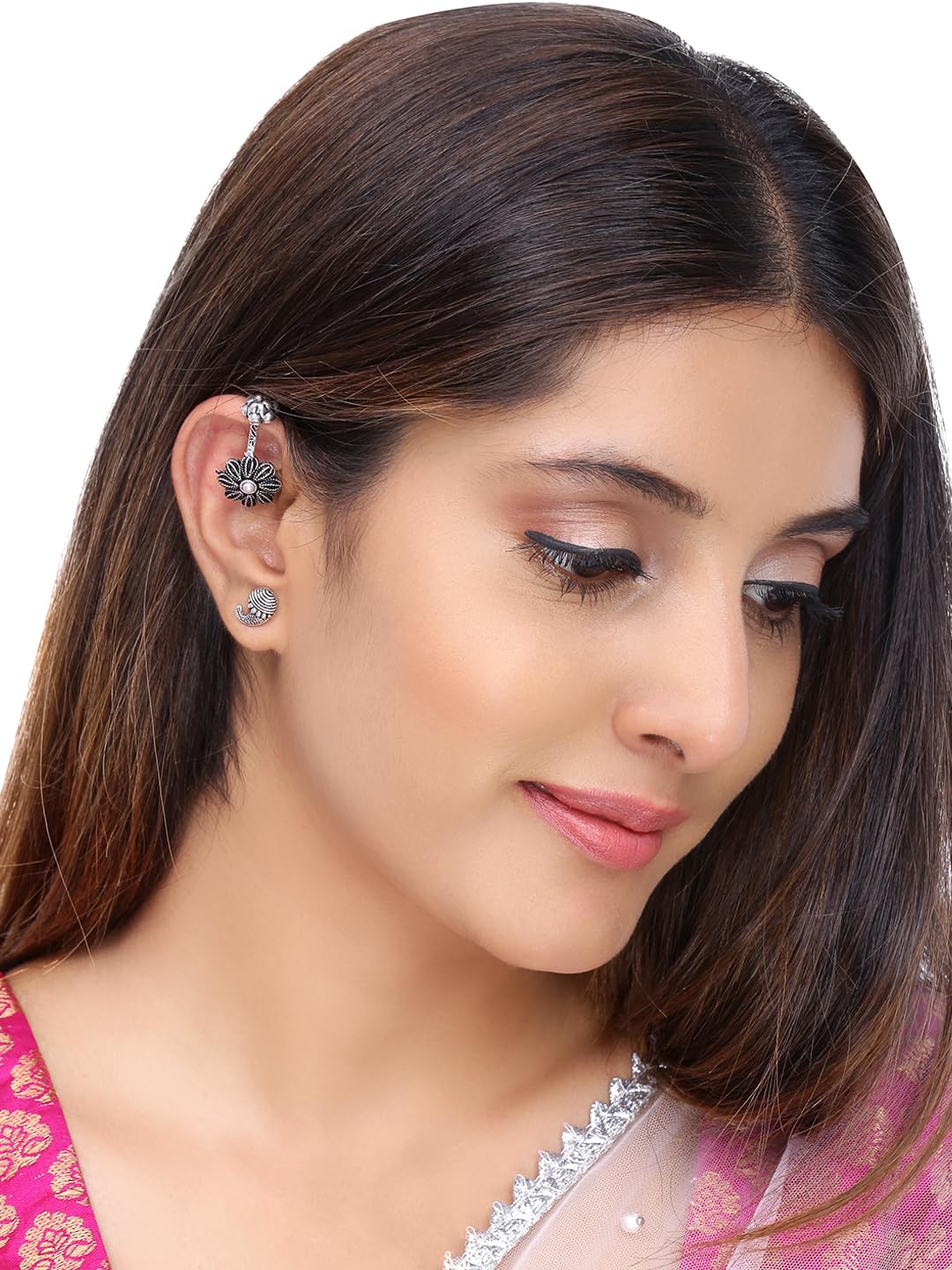 Kairangi Oxidised Ear Cuffs for Women Combo of 3 Pairs Silver Oxidised Stud Earrings Floral Design Traditional Bugadi Ear Clip Earrings for Women and Girls.