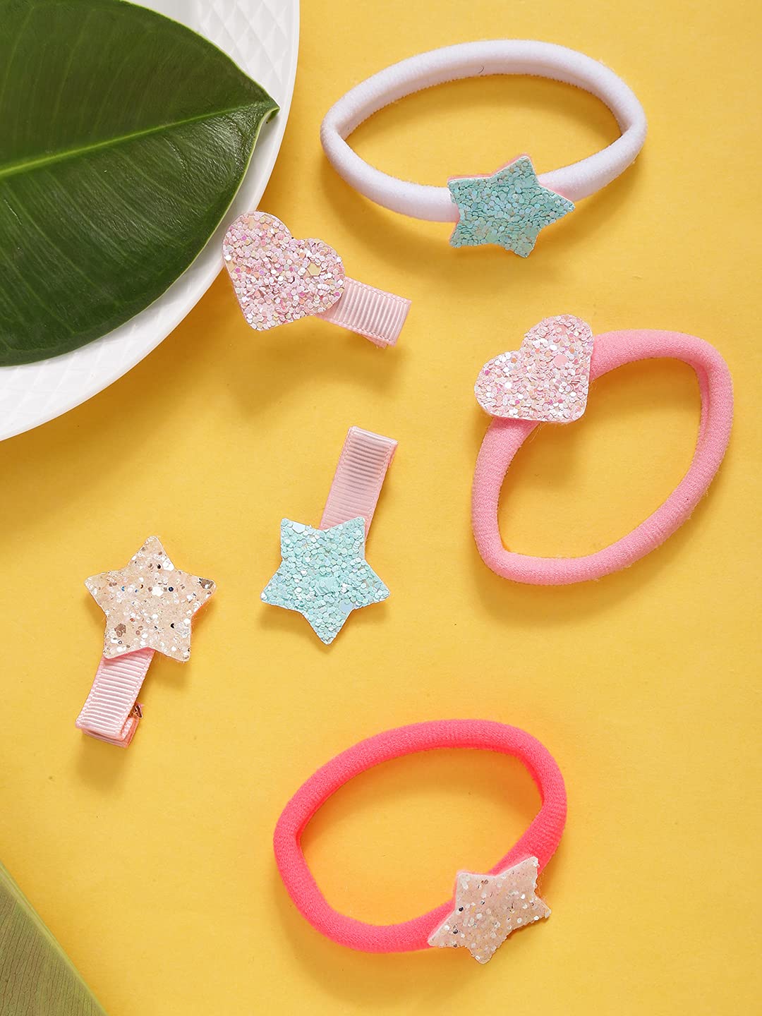 Melbees by Yellow Chimes 6 pcs Hair Clips Hair Band for Kids with Glittering Star Heart Charms Hair Accessories Pretty Snap Hairpins Hair Ties for Kids Girls (Pack of 6), Multi-Color, Medium (YCHACLRB-KD004-MC)