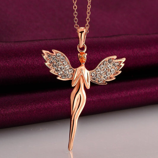 an Angel Pure Soul with Wings Pendant (Austrian Crystal Hallmarked 18K Rose Gold Plated) for Girls and Women by YELLOW CHIMES