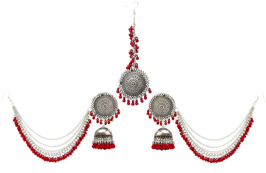 Yellow Chimes Oxidised Jhumka Earrings Set for Women Silver Oxidised Earrings Set Traditional Maang Tikka with Earrings Jewellery Set for Women and Girls.