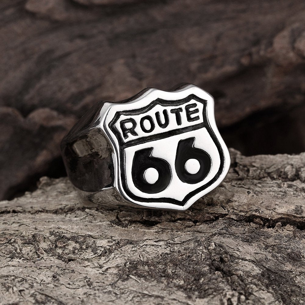 Yellow Chimes Rings for Men Famous 'Route 66' Symbol Silver-Oxidized Stainless Steel Bikers Ring for Men and Boys