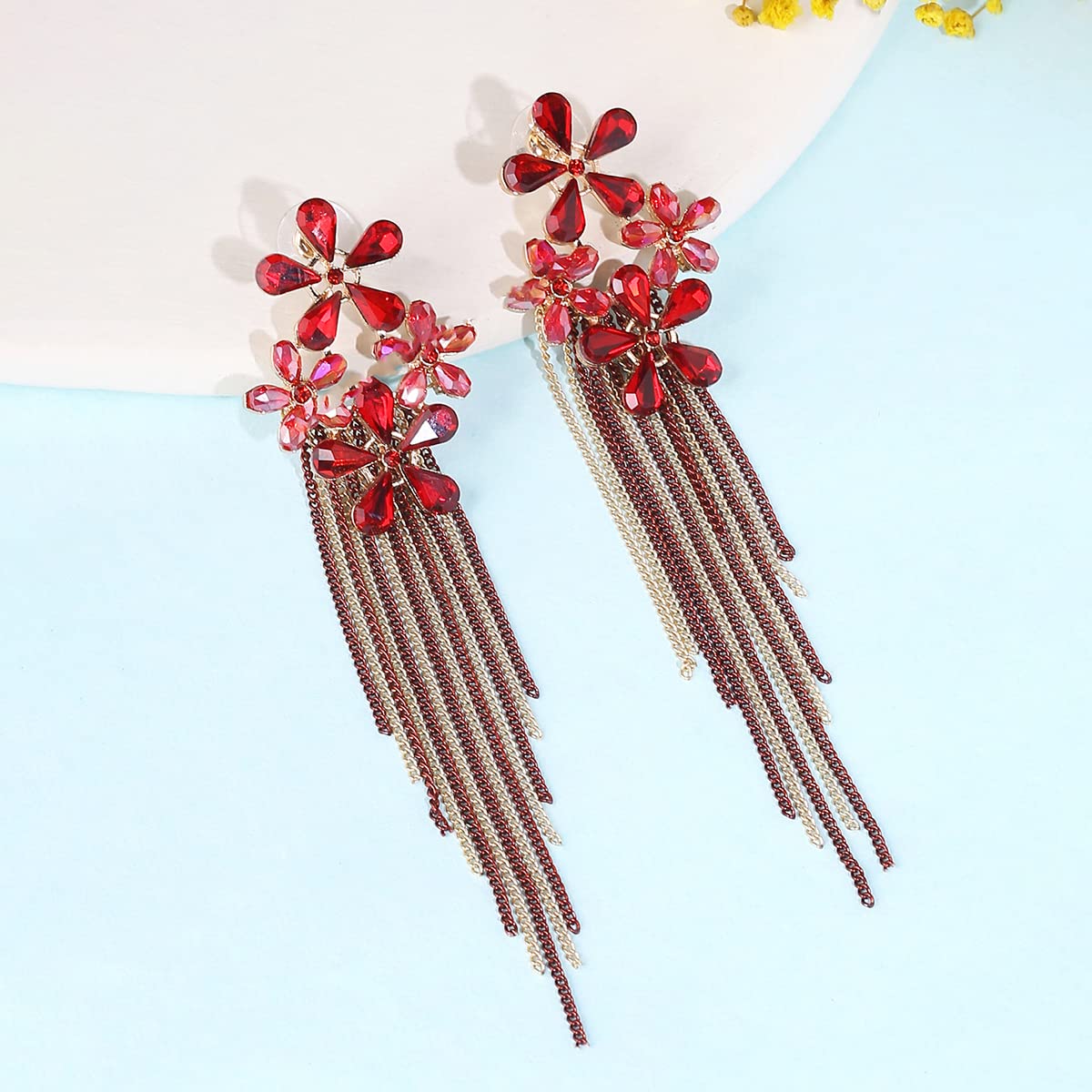 Yellow Chimes Crystal Danglers Earrings for Women Floral Shaped Crystal Red Long Chain Dangler Earrings for Women and Girls