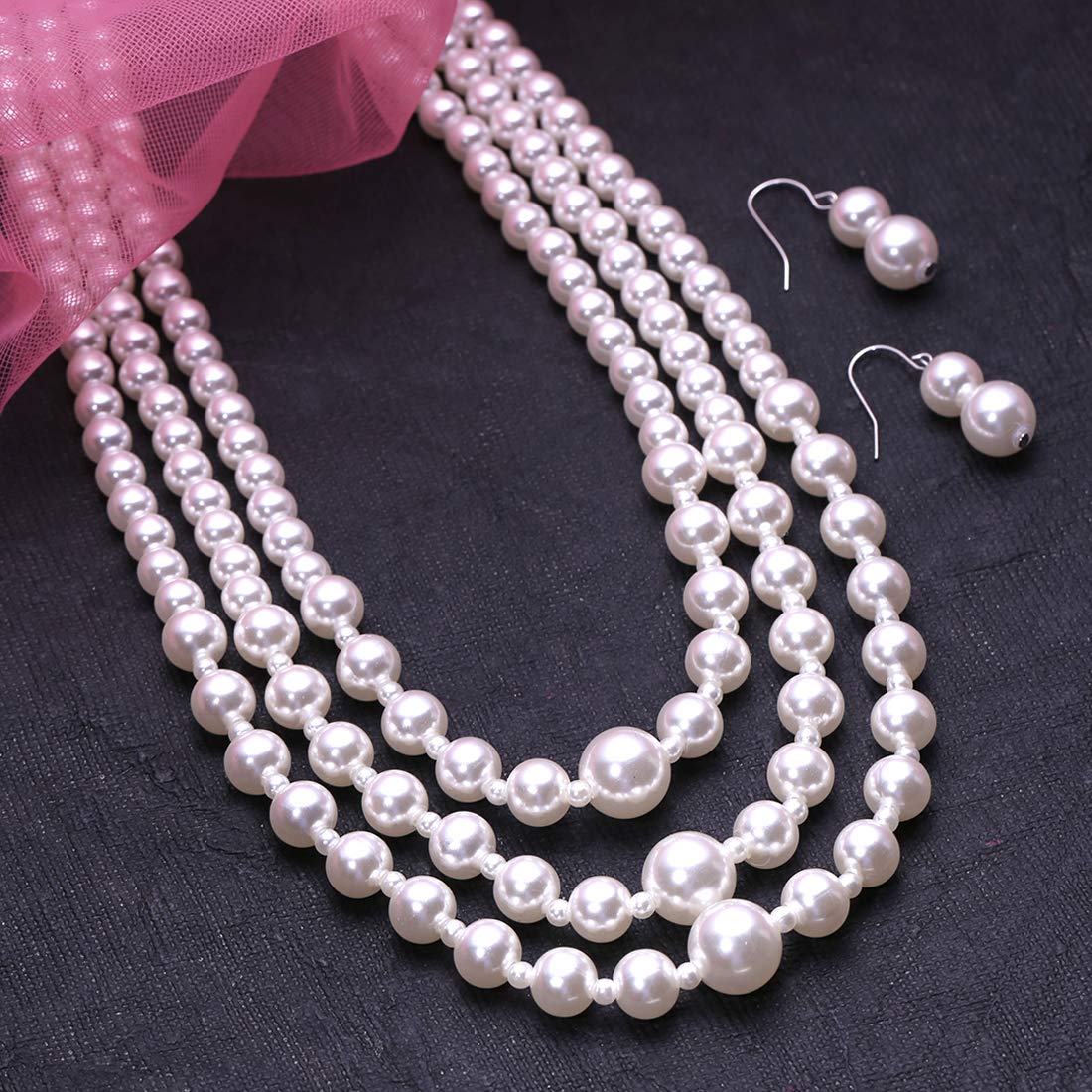 Yellow Chimes Latest Fashion White Pearl Royal Style Multilayer Necklace Set with Earrings for Women & Girls