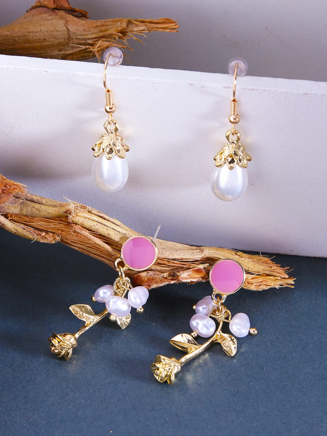 Yellow Chimes Combo of 2 Pairs Latest Fashion Gold Plated Floral Pearl Design Drop Earrings for Women and Girls, Medium (YCFJER-03PRLDGN-C-WH)