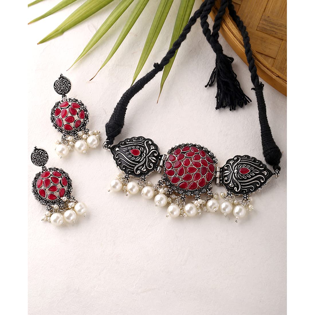 Yellow Chimes Oxidised Jewellery Set for Women Silver Oxidised Jewellery Set Pink Stone Peacock Design Traditional Choker Necklace Set for Women and Girls.