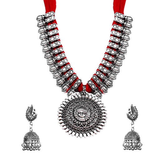 Yellow Chimes Jewellery Set for Women and Girls Traditional Silver Oxidised Jewellery Set Red Necklace Set for Women Durga Oxidized Necklace Set | Birthday Gift For Girls and Women