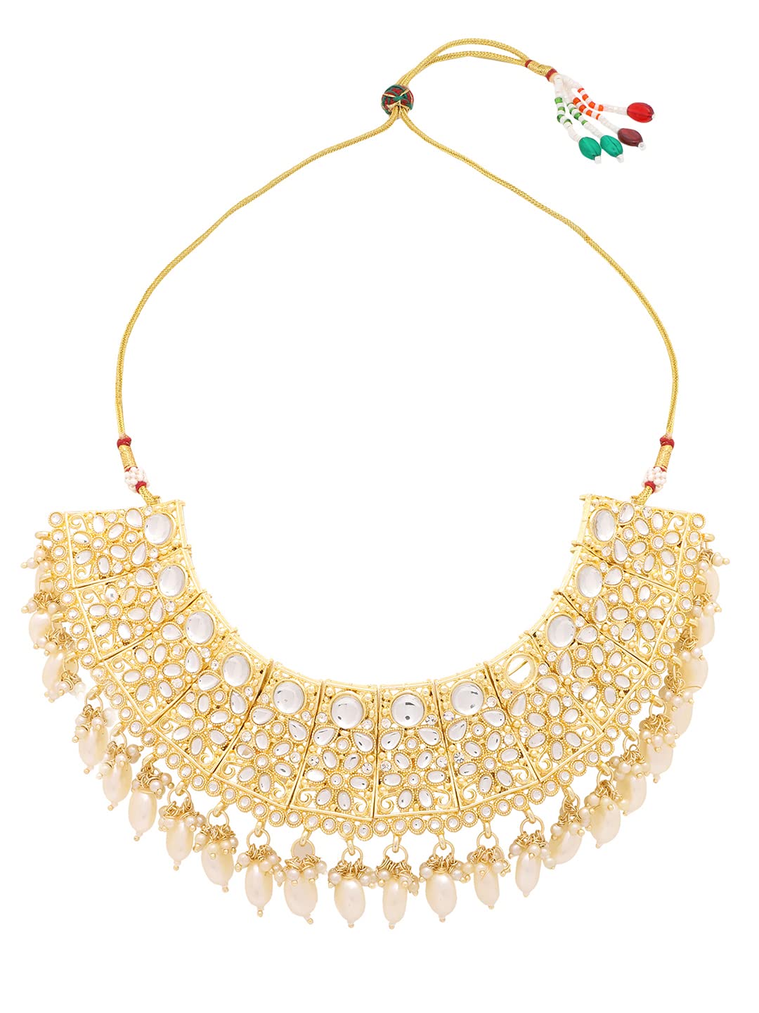 Yellow Chimes Jewellery Set for Women Kundan Studded Trditional White Beads Drop Broad Choker Necklace Set with Earrings for Women and Girls