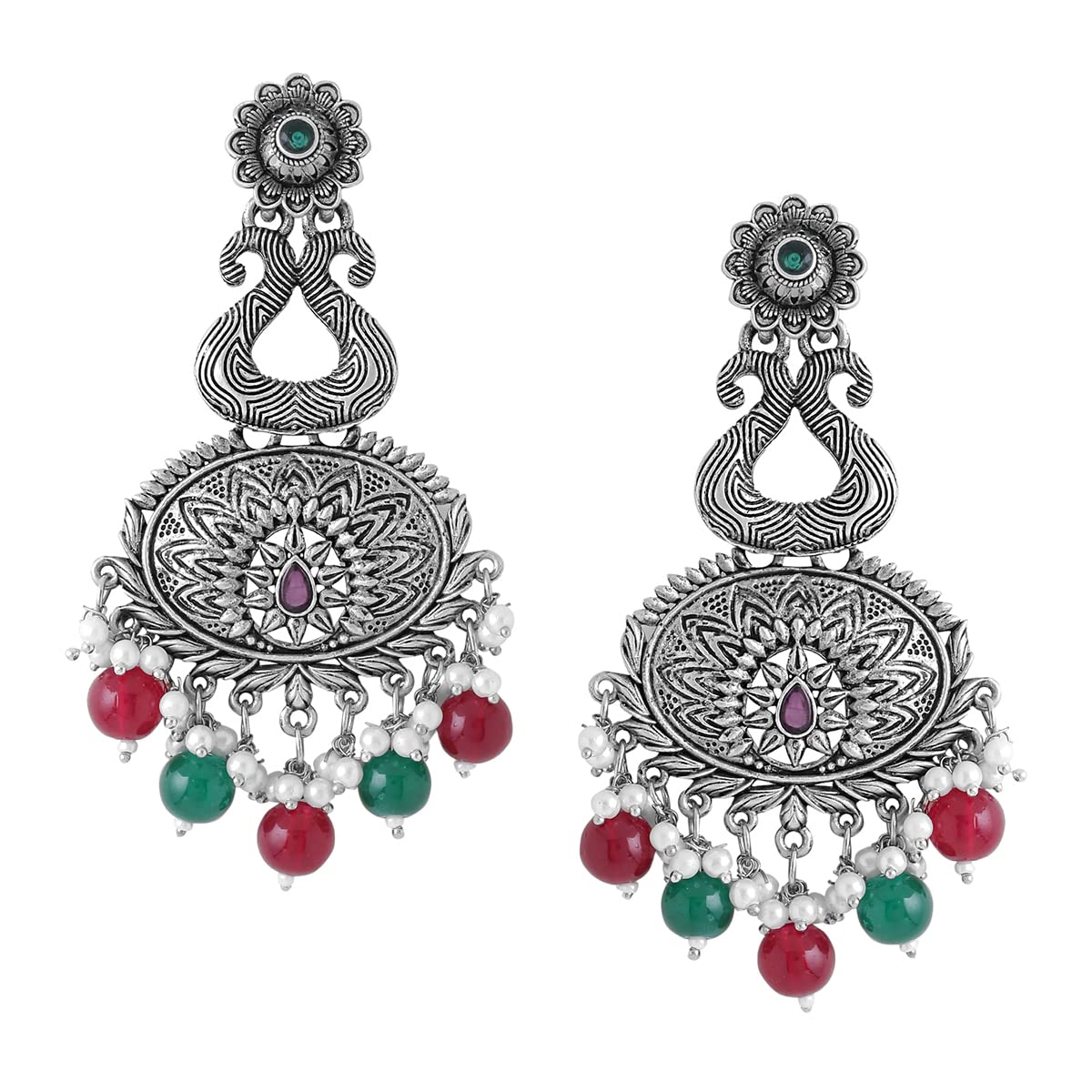 Yellow Chimes Earrings for Women Silver Oxidised Red Stone Studded Multicolor Beads Drop Designed Traditional Drop Earrings for Women and Girls